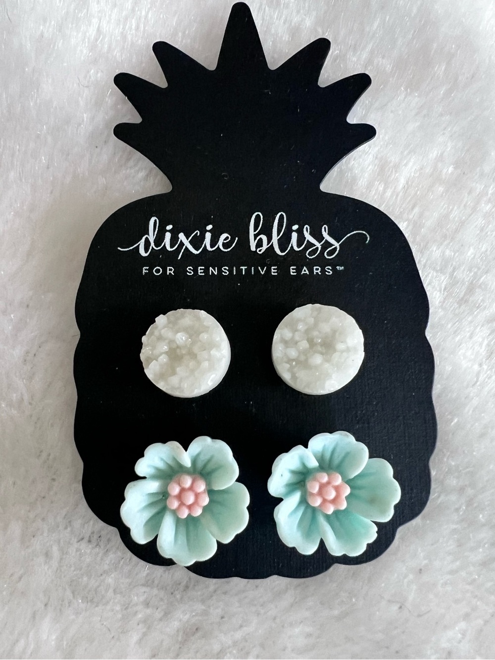Mint Flower & White Druzy Stud Earring Set